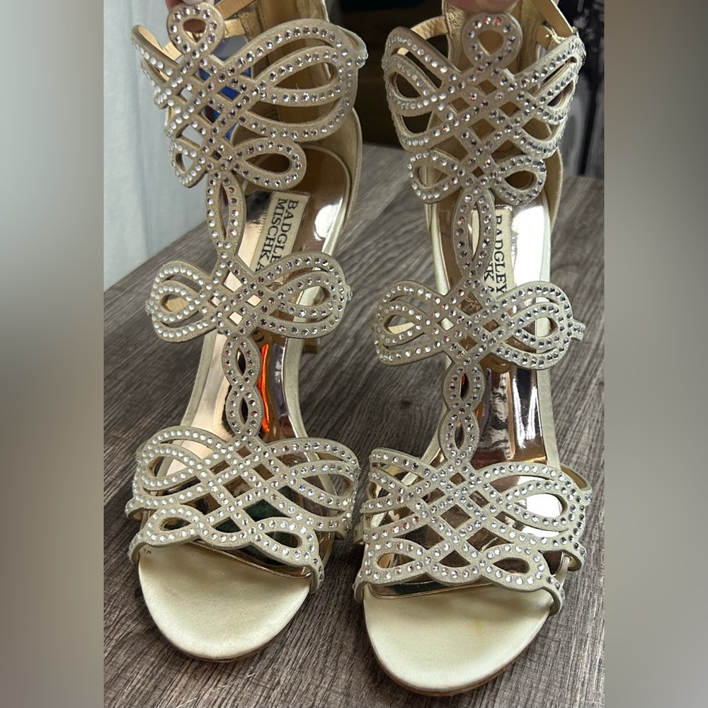 Badgley Mischka Terry Sparkly Rhinestone Heels Gold Strappy Bridal New Years - Picture 4 of 8